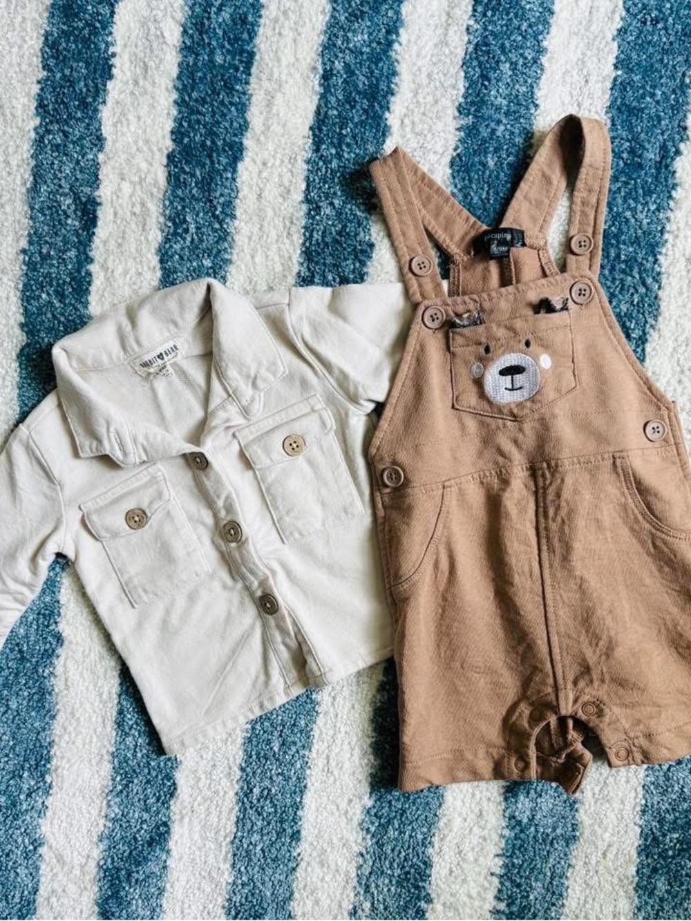 Longsleeve Cream Shirt & Brown Bear short Overall Set for Infant 6-9mo